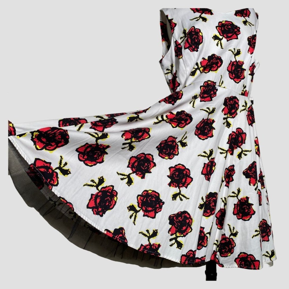 Hearts and Roses Swing Pin Up Tulle Trim Dress Graffiti Rose White 16